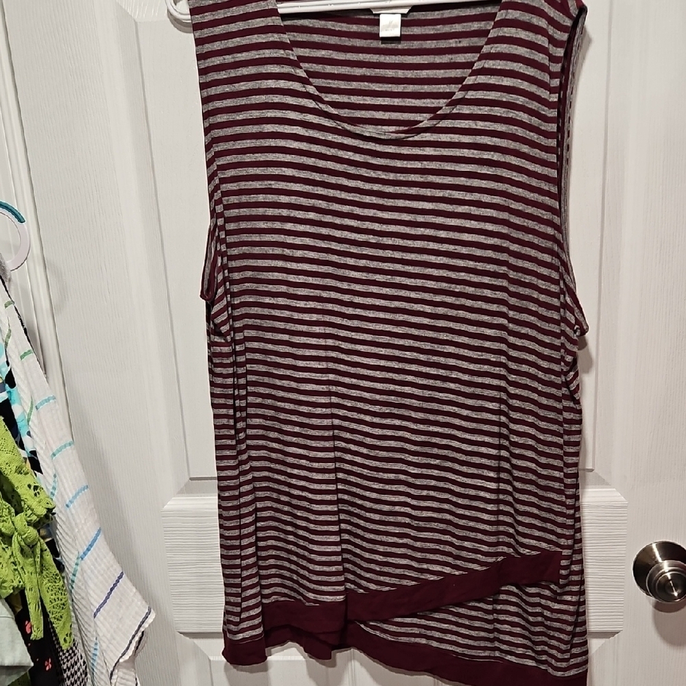 CJ Banks Burgundy and Gray Striped Sleeveless Scoop Neck Tank